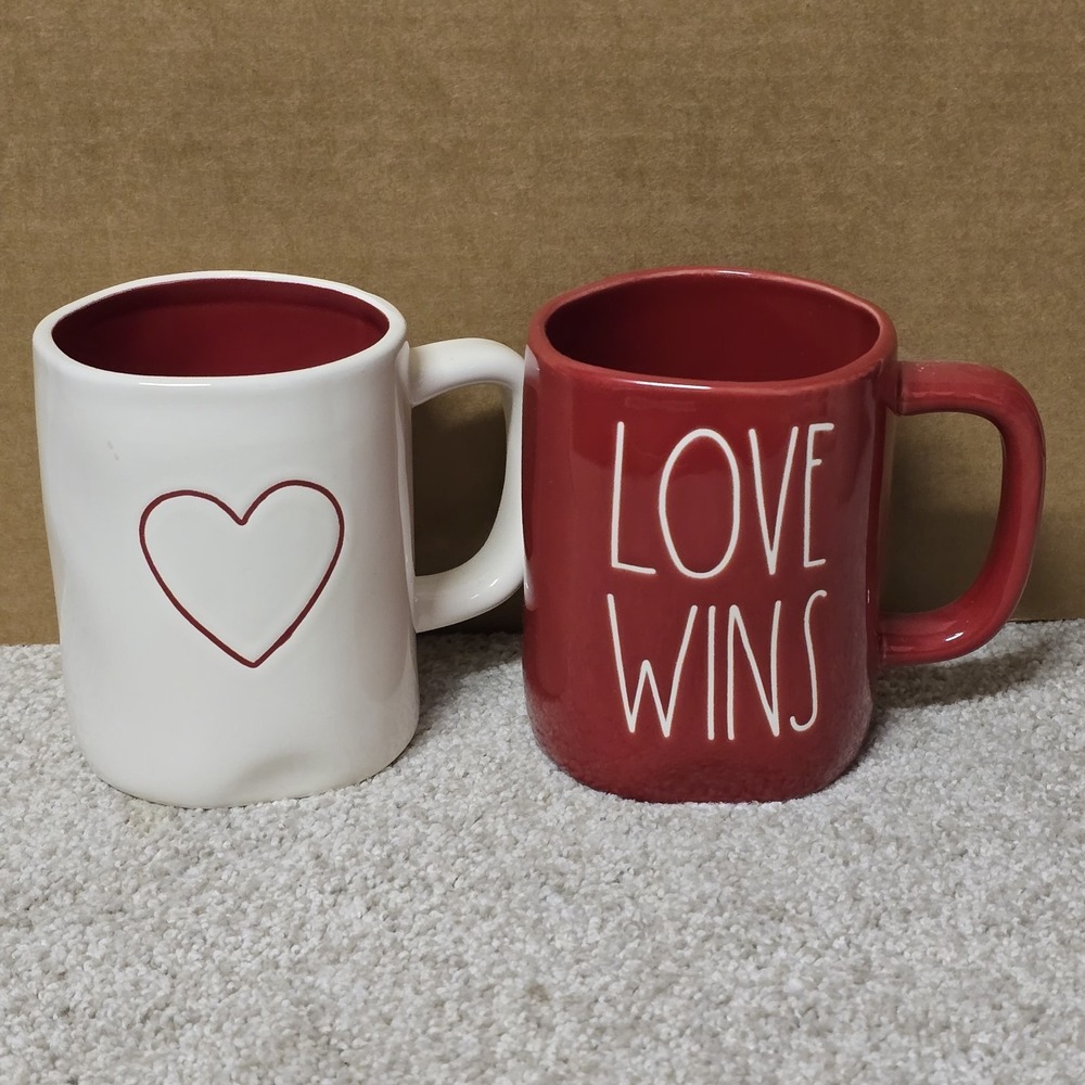 Rae Dunn Artisan Collection LOVE WINS Mug & Heart Mug‎ Set Red White Valentines